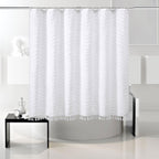Boho Shower Curtain White Tassel Woven Fabric Short Shower Curtain 72 X 66 Modern Farmhouse Textured Tufted Chevron Striped Mini