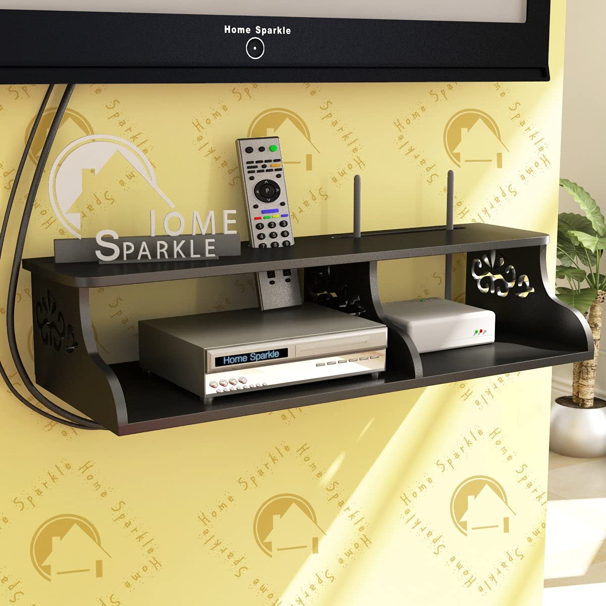 Home Sparkle WallMount Wooden Shelf | WiFi Router Holder | Decorative Wall Storage | Modern Home Furniture | Organizer | White 