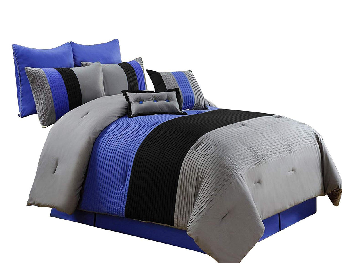 Chezmoi Collection 8 Pieces Luxury Striped Comforter Set (Queen, Gray/Black/Blue)