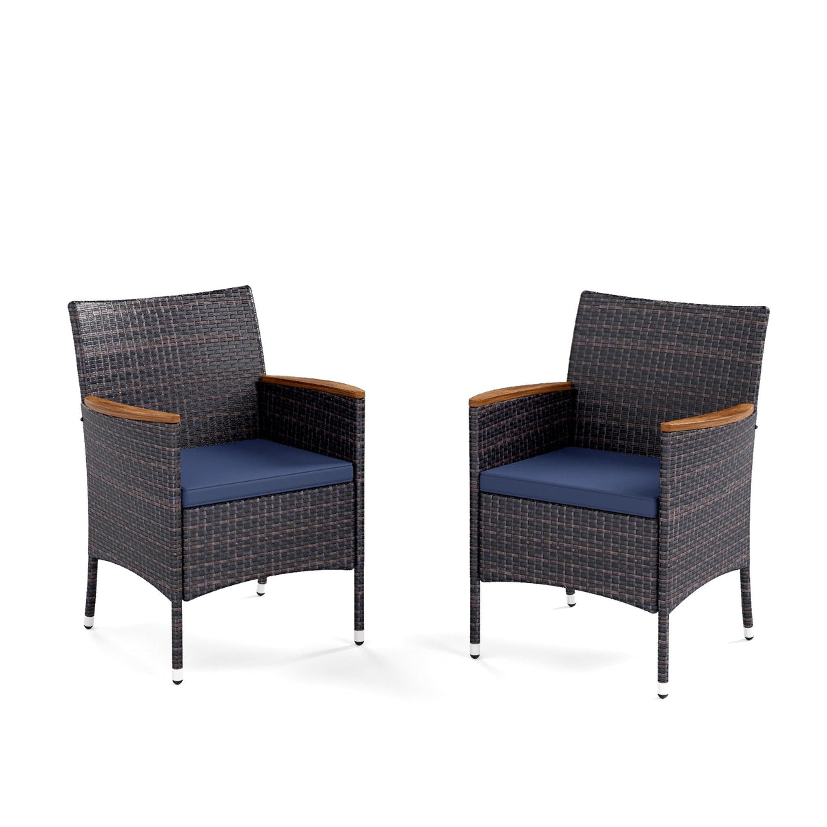 Mfstudio Modern Outdoor Rattan Dining Chairs Set Of 2, Blue, Wicker With Wood Armrests, 2 Oversized Patio Chairs With Removable