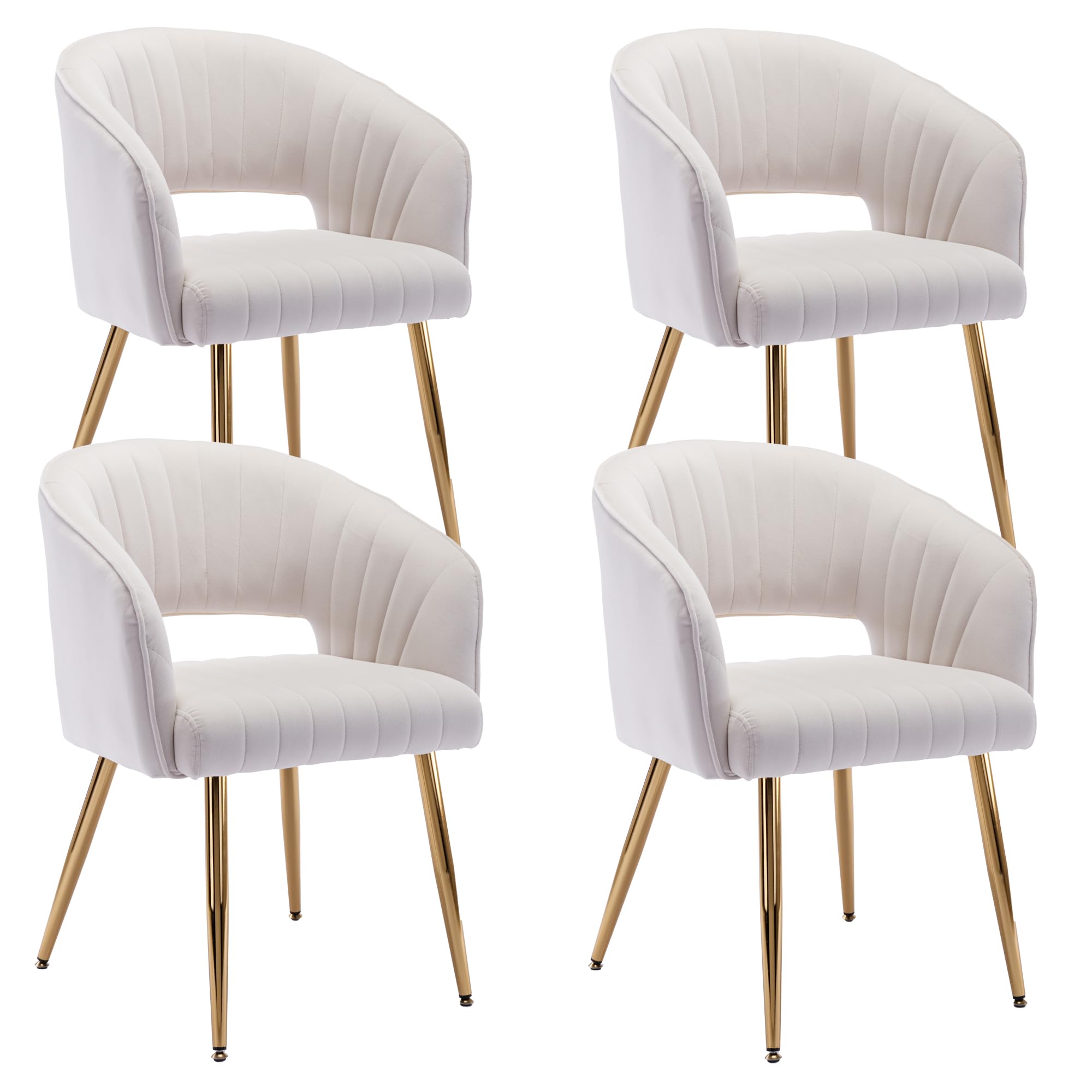 KCC Modern Velvet Dining Chairs Set of 4, Cream, Hollow Back, Tufted Kitchen Chairs Side Chairs with Gold Metal Legs for Living 