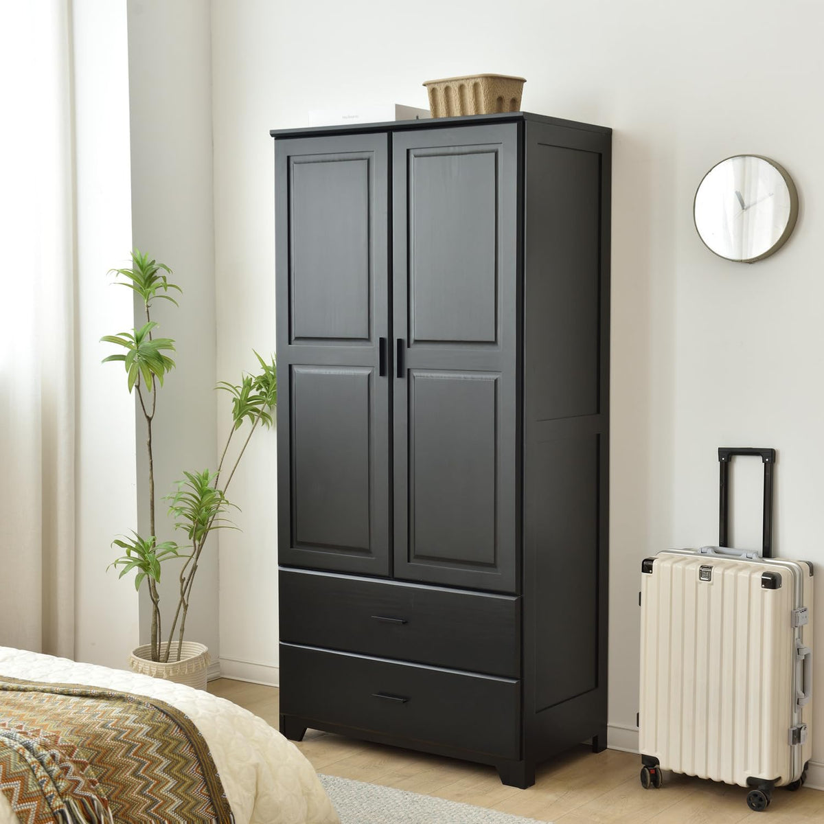 Better Home Products Stylish Pine Wood Closet With Raised Doors And Two Drawers For Easy Access (Black)