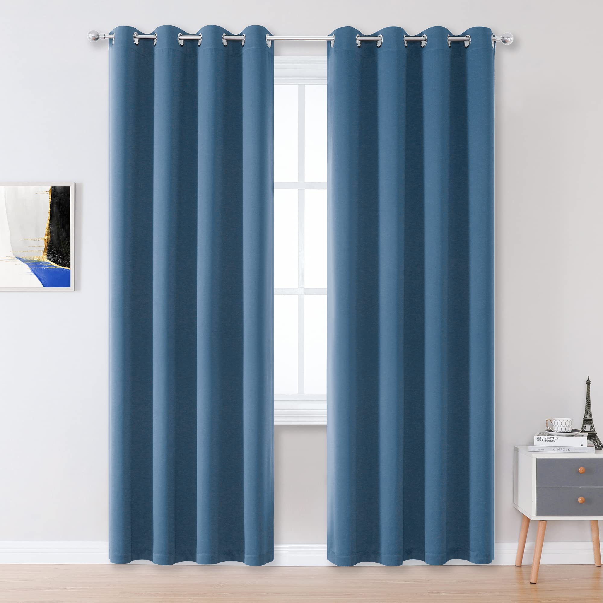 Dualife Midnight Blue Bedroom Blackout Curtains - Denim Blue Window Draperies 84 Inch Length For Boys Room Darkening Coastal Cur