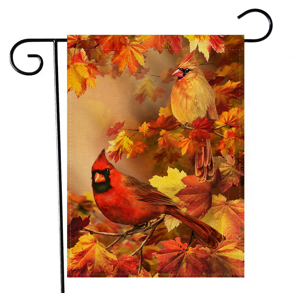 Artofy Fall Home Decorative Cardinals Maple Leaves Small Garden Flag, House Yard Red Bird Tree Branches Outdoor Welcome Decor, A