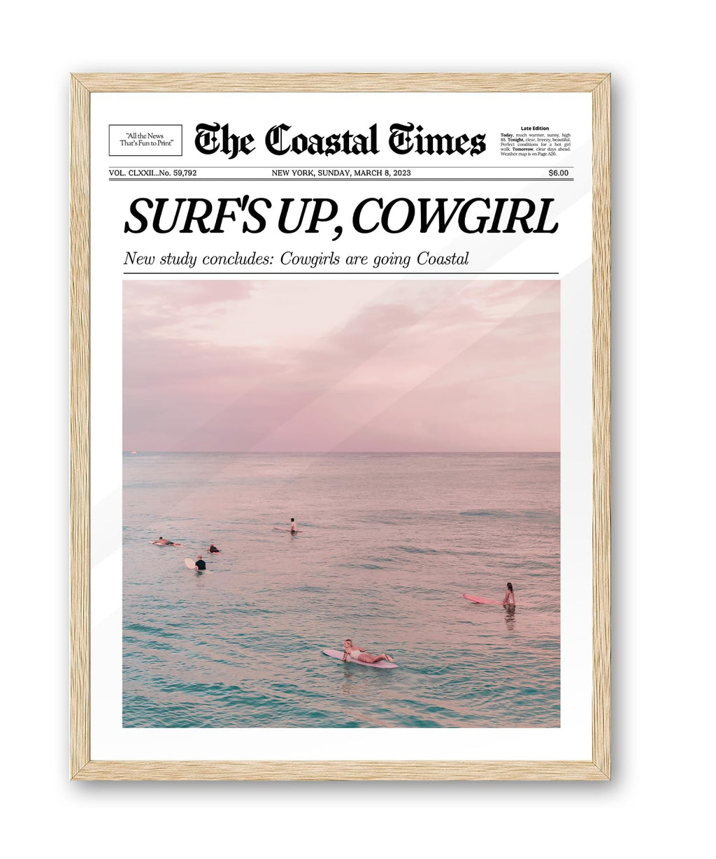 iHery Small Framed Trendy Coastal Cowgirl NewsPaper Wall Art Prints,Beige OAK Wood 8x10in Canvas Wall Decor For Bedroom,Western 