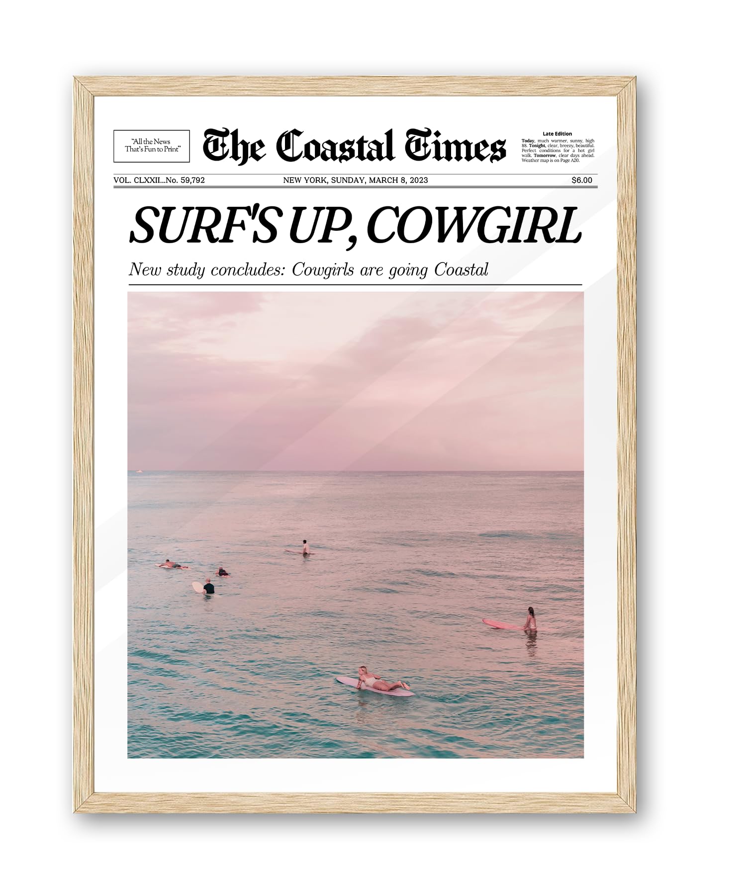 iHery Framed Trendy Coastal Cowgirl NewsPaper Wall Art Prints,Beige OAK Wood 12x16in Canvas Wall Decor For Bedroom,New York News