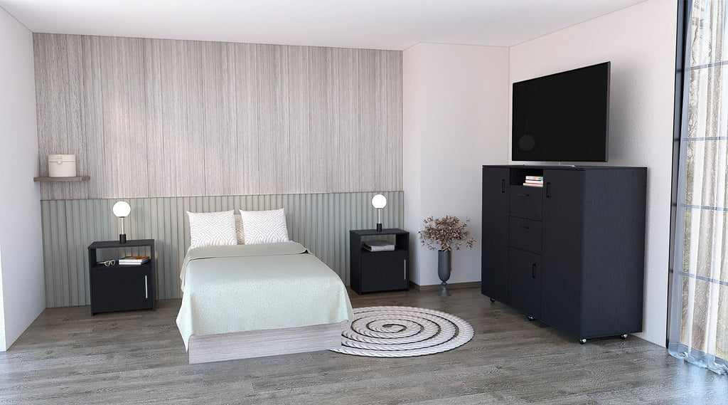 DEPOT E-SHOP Newport 3 Piece Bedroom Set, Cabinet Dresser + 2 Nightstands, Black