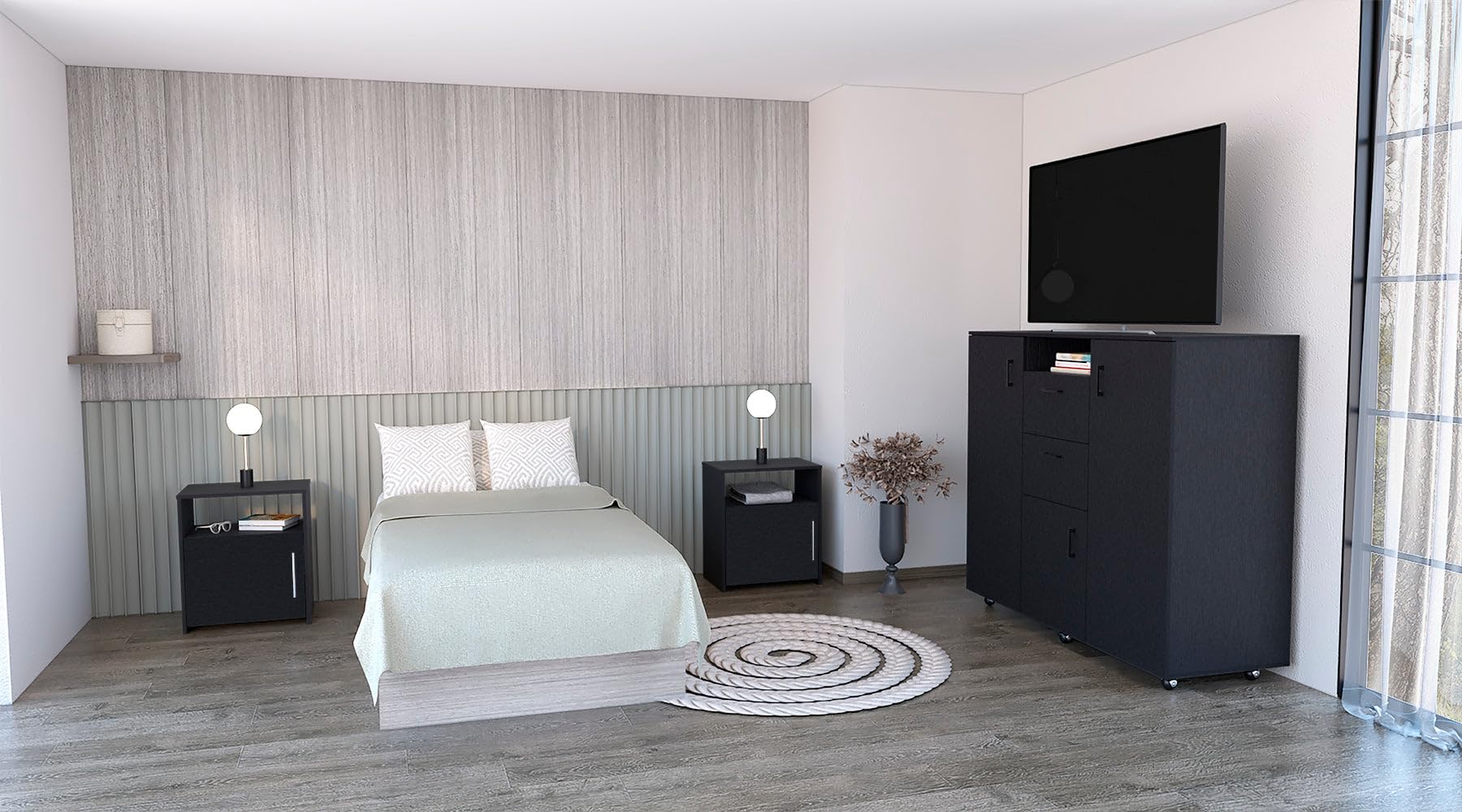 DEPOT E-SHOP Newport 3 Piece Bedroom Set, Cabinet Dresser + 2 Nightstands, Black
