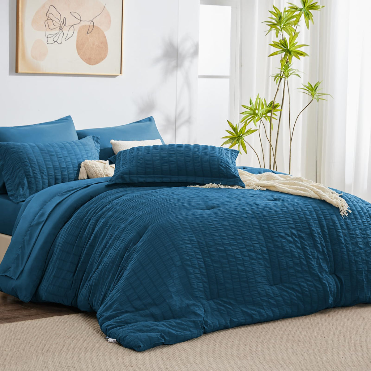 Cozylux King Seersucker Comforter Set With Sheets Teal Bed In A Bag 7-Pieces All Season Bedding Sets With Comforter, Pillow Sham, Flat Sheet, Fitted Sheet, Pillowcase