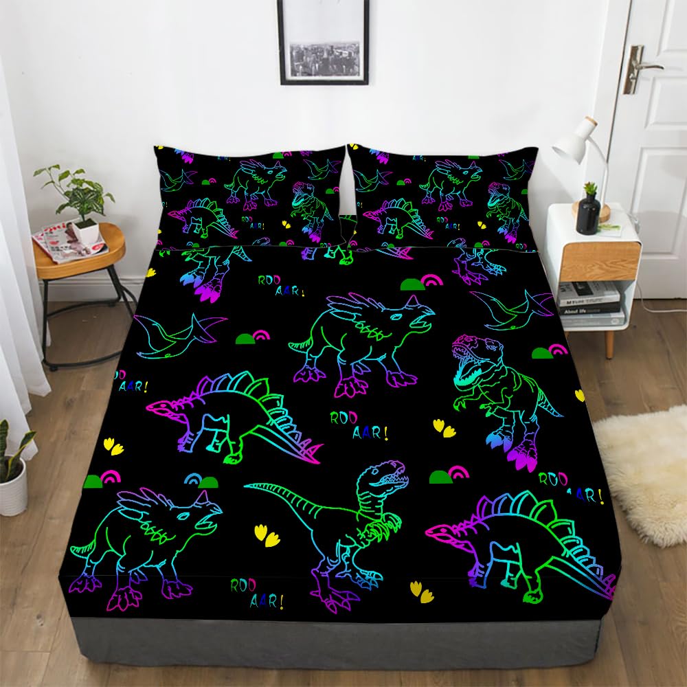 Gusuhome Dinosaurs Bed Sheets Queen Size For Boys 3D Colorful Jurassic Dinosaur Fitted Sheets Set For Kids And Teens Soft Microf