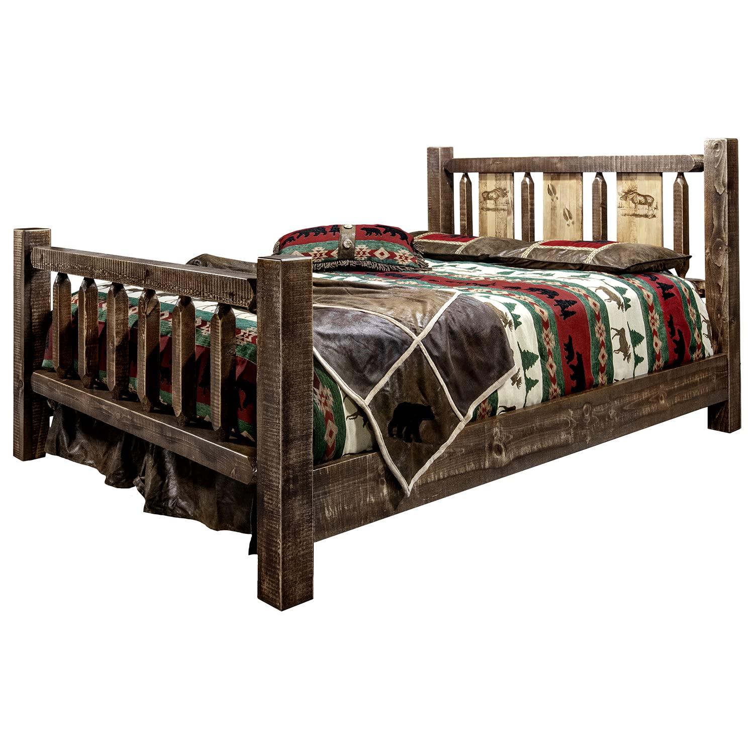 Montana Woodworks Homestead Collection Queen Bed w/Laser Engraved Moose Design, Stain & Clear Lacquer Finish