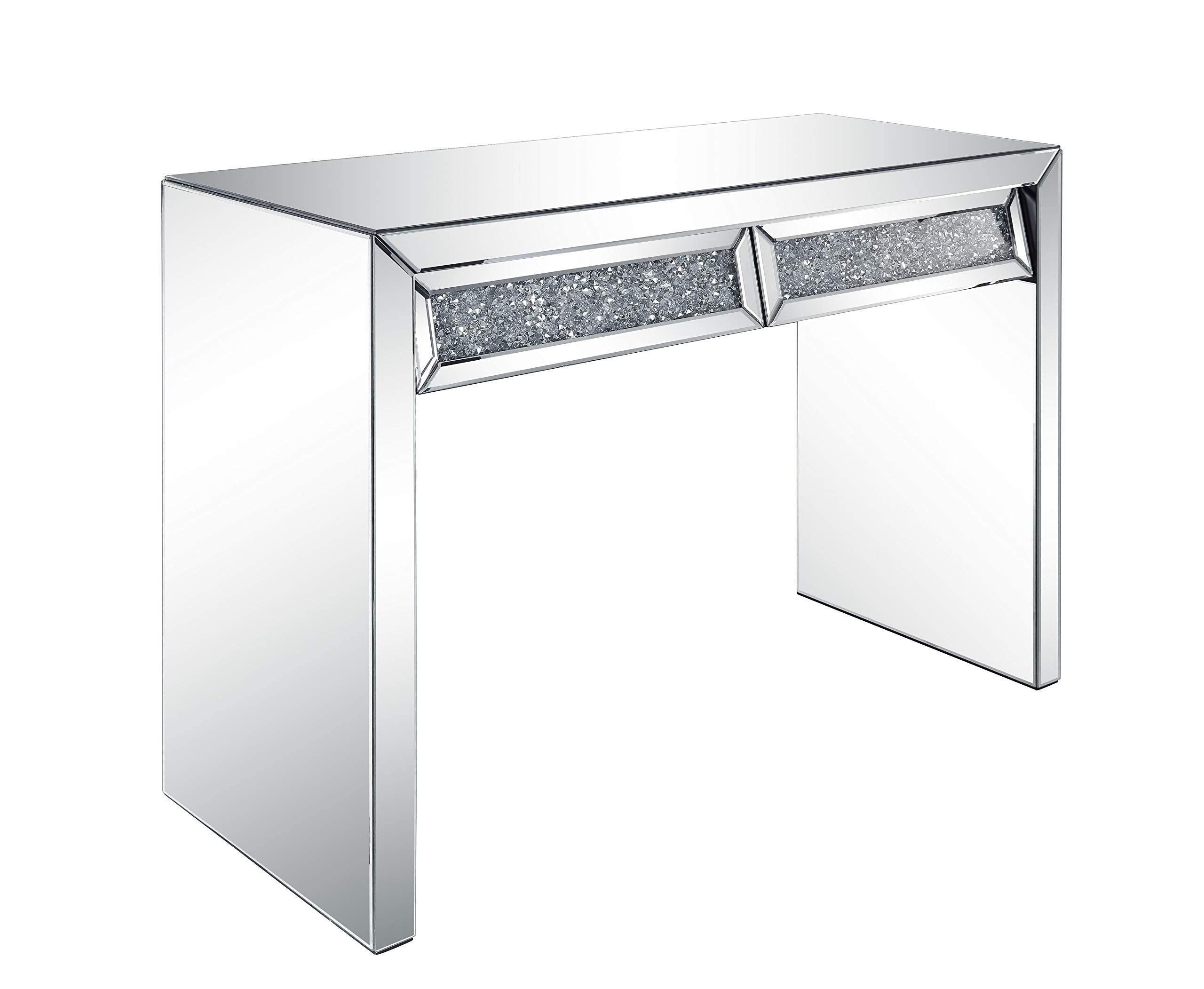 Benjara Console Table With Two Storage Drawers And Faux Diamond Inlay, Silver