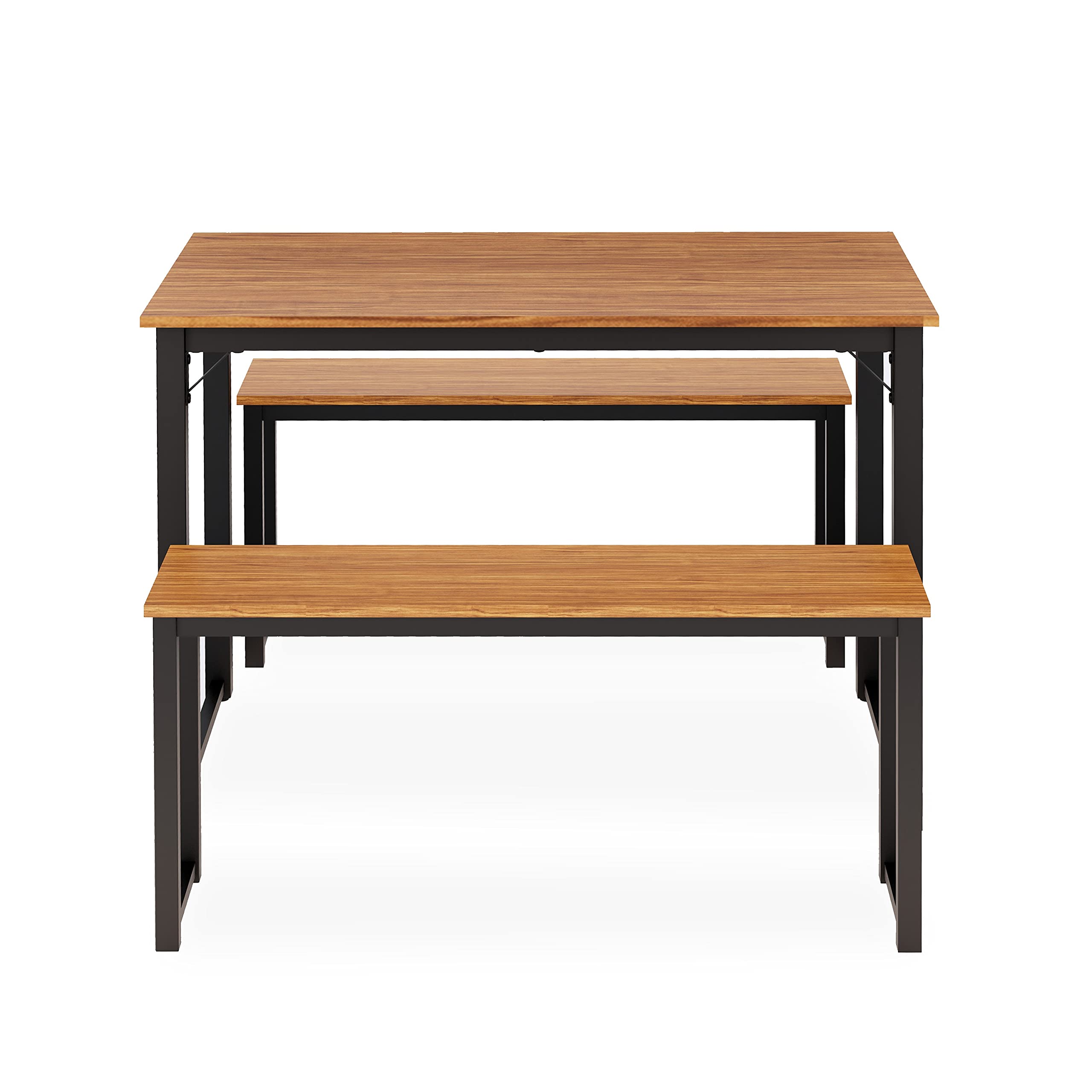 East West Furniture Parmer 3 Piece Metal Frame Dining Set for Small Spaces Contains a Rectangle Table and 2 Benches, 43x28x30 Inch, Black Top and Brown Wood