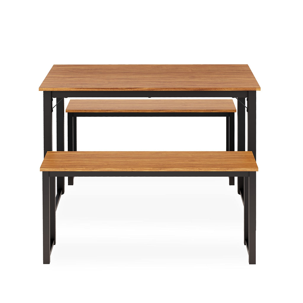 East West Furniture Parmer 3 Piece Metal Frame Dining Set for Small Spaces Contains a Rectangle Table and 2 Benches, 43x28x30 Inch, Black Top and Brown Wood