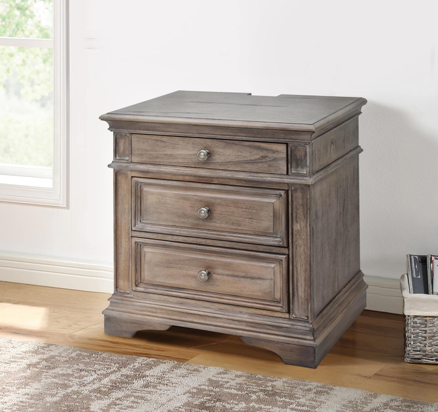 Steve Silver Furniture Highland Park Nightstand, Driftwood Finish, Nickle Hardware, 2 USB Charging Ports, 2 Full Size Drawers & 1 Half Size Drawer, Bedroom, 28&quot; L x 17&quot; D x 29.5&quot; H, Brown