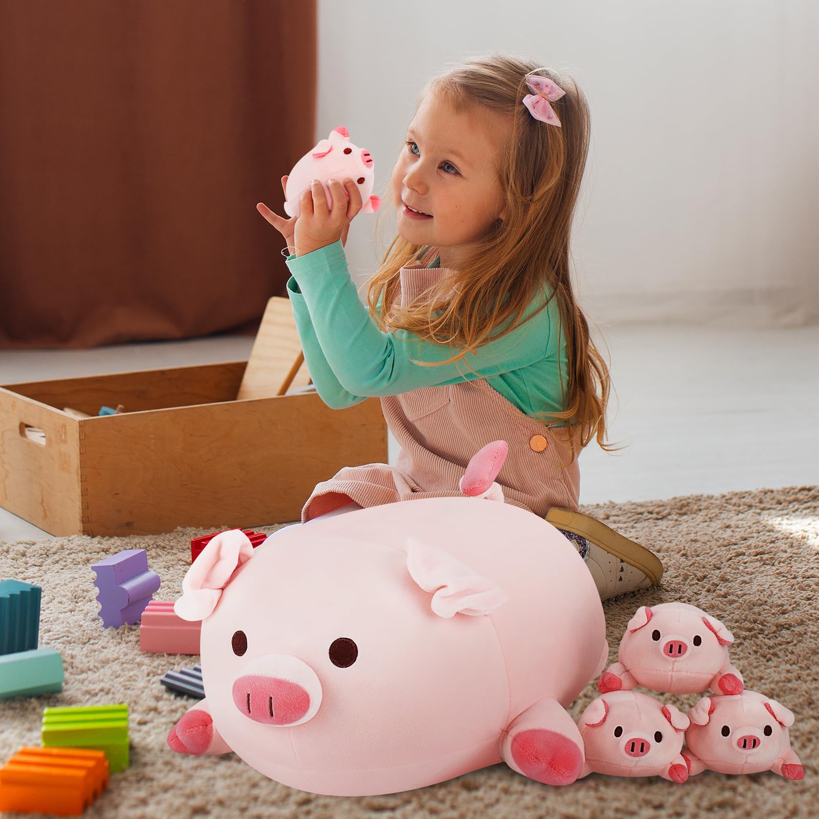 Achwishap 5Pcs Pig Family,Pig Stuffed Animal Mommy With 4 Pig Babies Plush,Cute Pig Plush Pillow Cushion Doll,Kawaii Pig Plush T