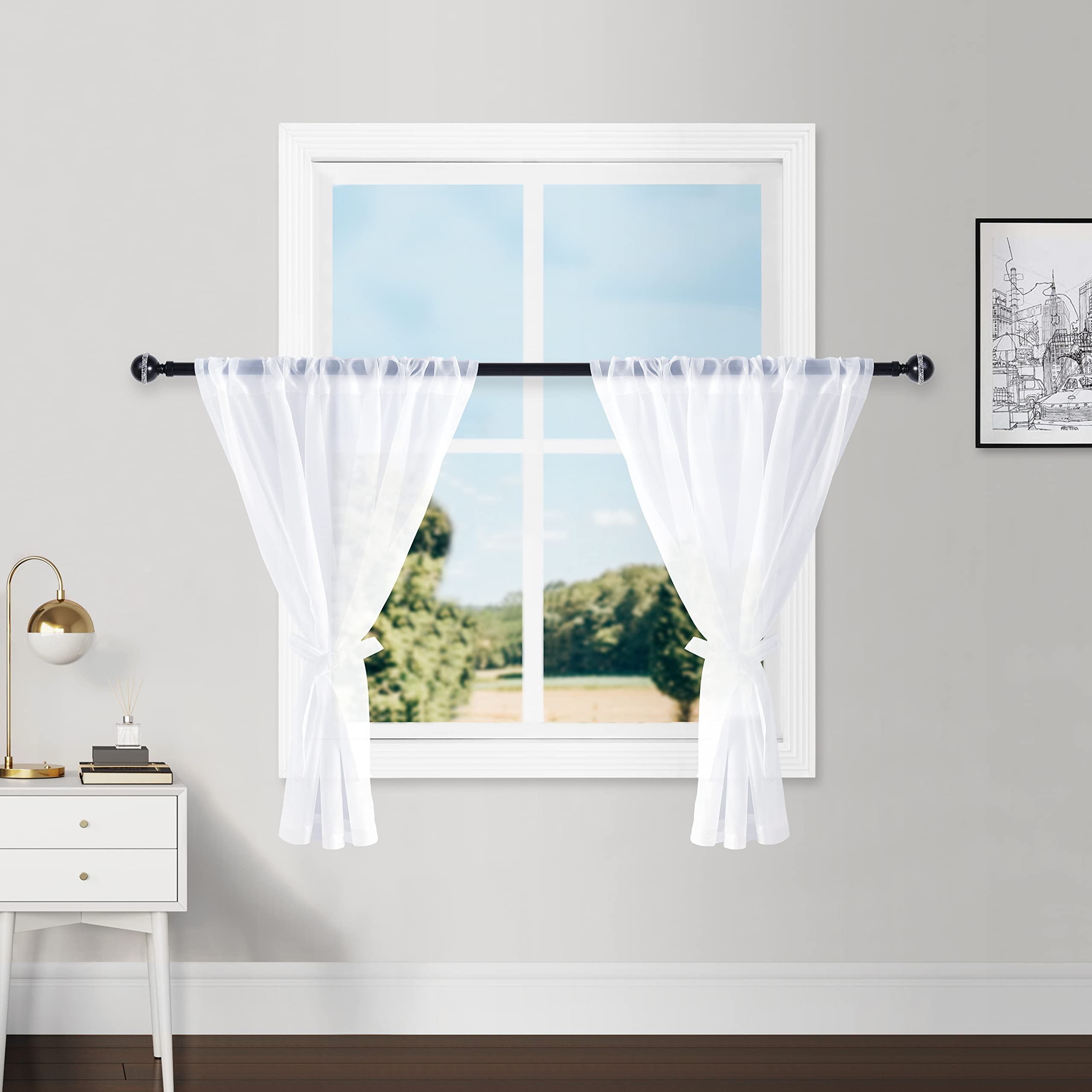 Hiasan White Sheer Curtains For Kitchen 36 Inch Length, Rod Pocket Light Filtering Voile Drapes Rod Pocket Small Half Window Cur