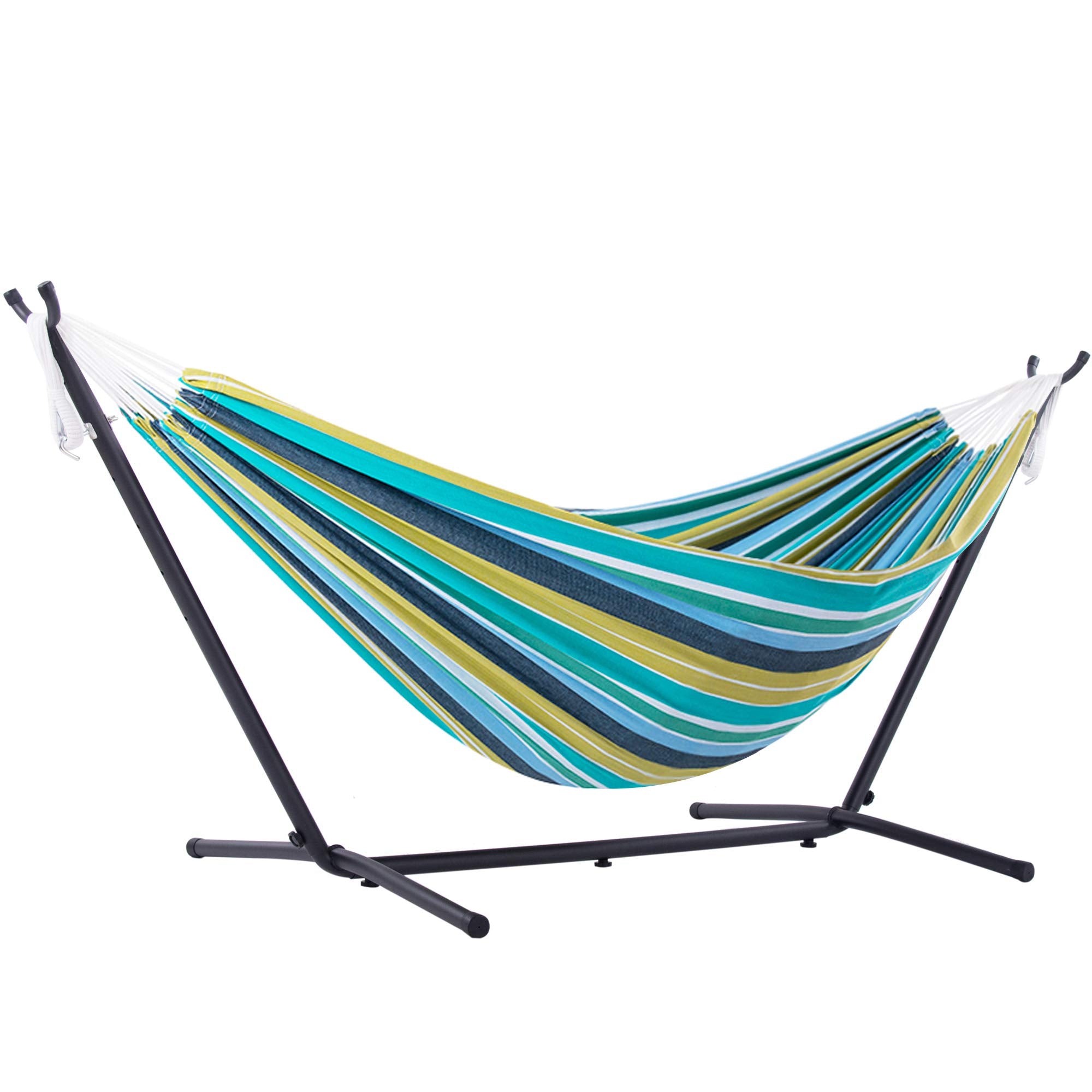 Vivere Double Cotton Hammock With Space Saving Steel Stand, Upgraded Polyester End Strings 450 Lb Capacity - Premium Carry Bag Included - Usa Grown Cotton (Cayo Reef)