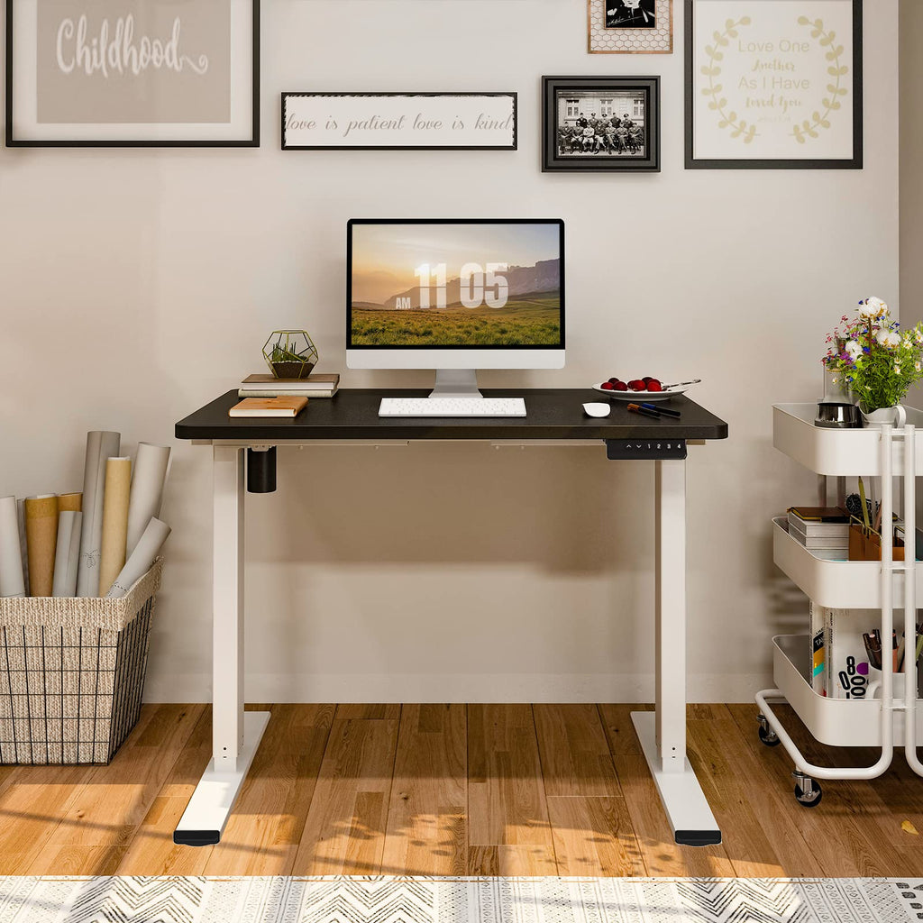Flexispot En1 Electric Small Standing Desk 40 X 24 Inches Whole-Piece Desktop Adjustable Height Desk Ergonomic Memory Controller (White Frame + 40' Black Desktop, 2 Packages)