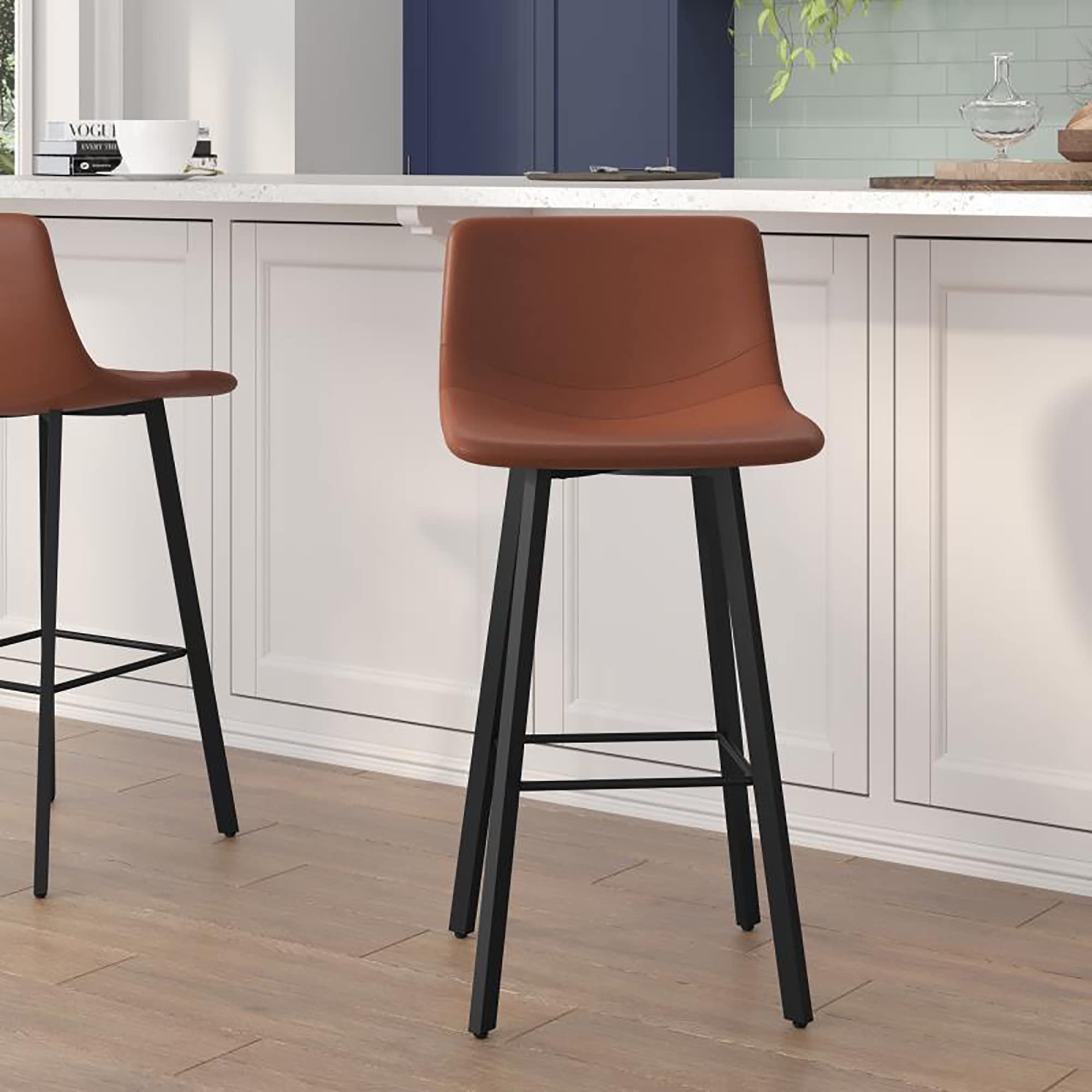 Flash Furniture Caleb Modern Commercial Barstools with Footrests - Cognac LeatherSoft -30 Inch - Black Matte Iron Frame - Armless - Set of 2