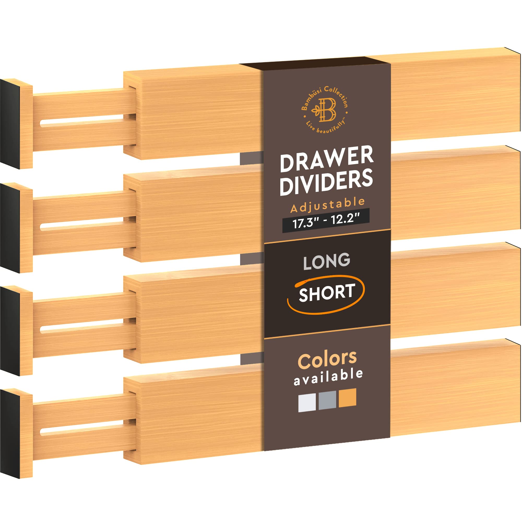 Bambsi 4 Pack Drawer Divider - Bamboo 2.6 High, 12.5-17 Adjustable Drawer Organizers for Clothes, Expandable Dresser Separators 