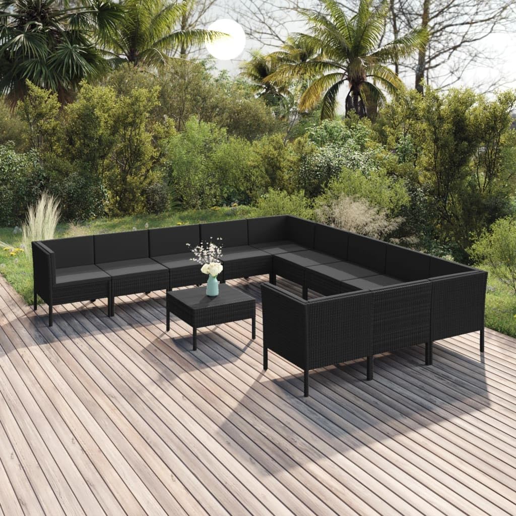 vidaXL Patio Lounge Set 12 Piece with Cushions Garden Outdoor Terrace Seat Seating Sitting Chair Lounging Sofa Set Furniture Poly Rattan Black