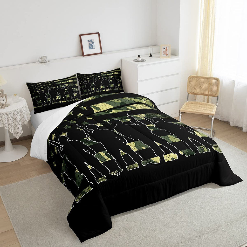 American Flag Comforter Set Twin For Boy Teen Armygreen Camouflage Down Comforter Adult Men Soldier Silhouettes Quilted Duvet Mi
