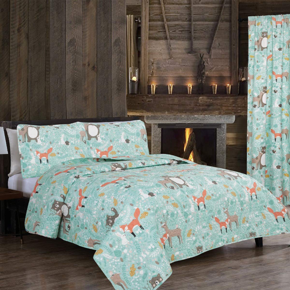 Beatrice Home Fashions Into The Woods 2-Piece Twin Quilt Set Bedding With Shams Features Woodland Creatures Deer, Fox, Bear, Lea