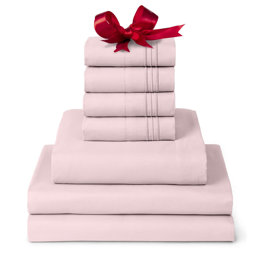 Mellanni Split King Sheet Set - 7-Piece Iconic Collection Bedding, (Including 4 Pillowcases), 16-Inch Deep Pocket, Easy Care, Extra Soft, Cooling Sheets, Brushed Microfiber - Blush Pink
