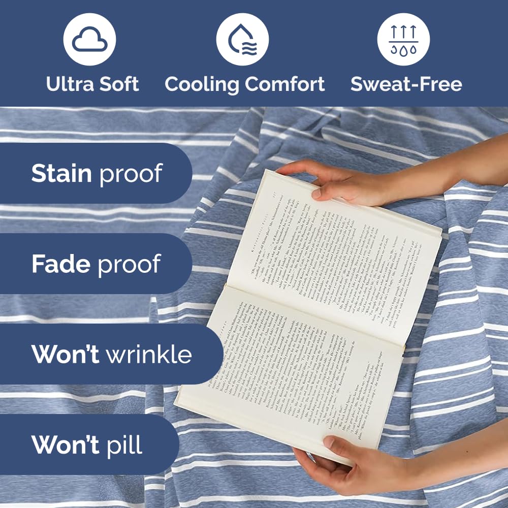 Extra Deep Pocket Cal King Sheets - 4 Piece Breathable & Cooling Bed Sheets - Hotel Luxury Bed Sheet Set - Soft, Wrinkle Free & Comfy - Easily Fits Extra Deep Mattresses - Blue Striped Sheets Set