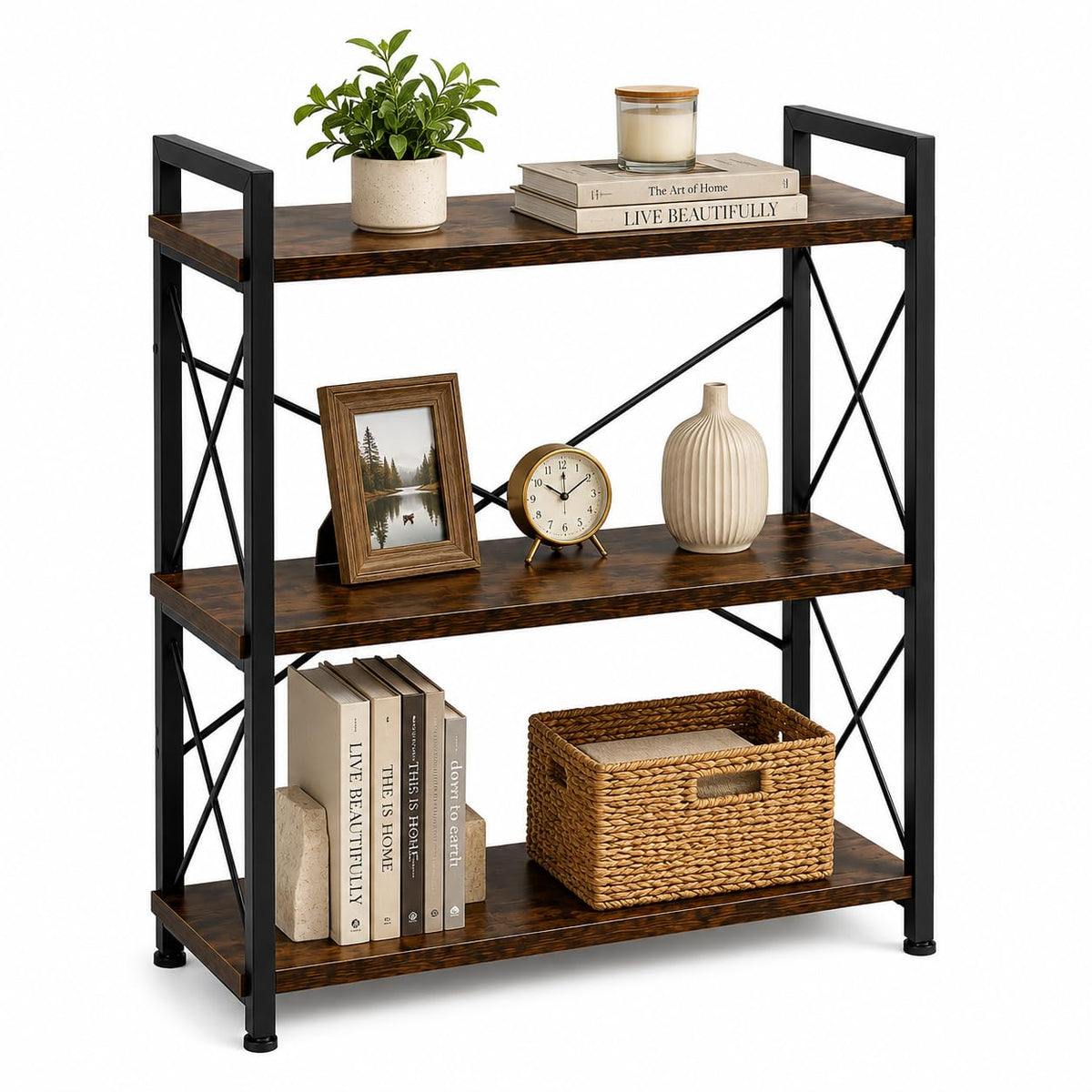 COSYSUPER 3 Tier Bookshelf with Metal Frame & Wood Shelves