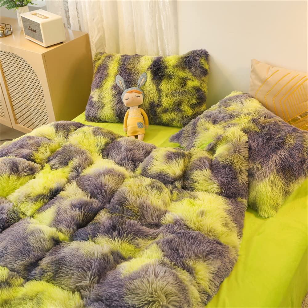 Chovy Faux Fur Plush Tie-Dyed Green Comforter Sets Twin/Full Size - Ultra Soft Shaggy Flannel Velvet Fluffy Fuzzy 3Pc Bedding Se