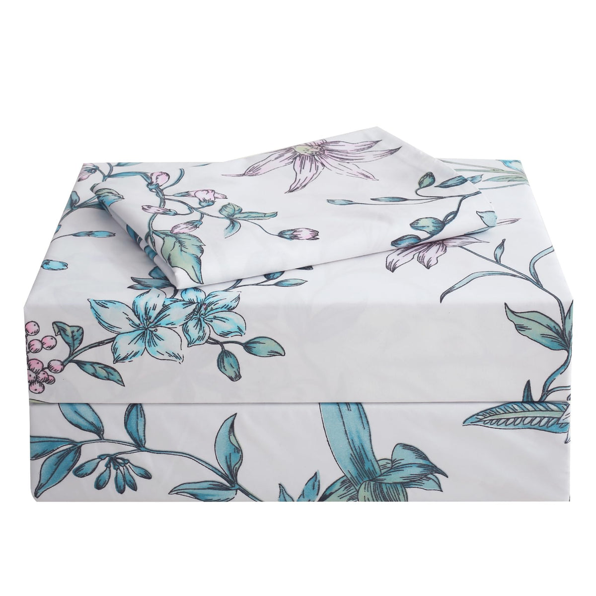 Jsd White Blue Floral Printed Sheet Set Twin Size, 3 Piece Botanical Microfiber Sheets Extra Deep Pocket