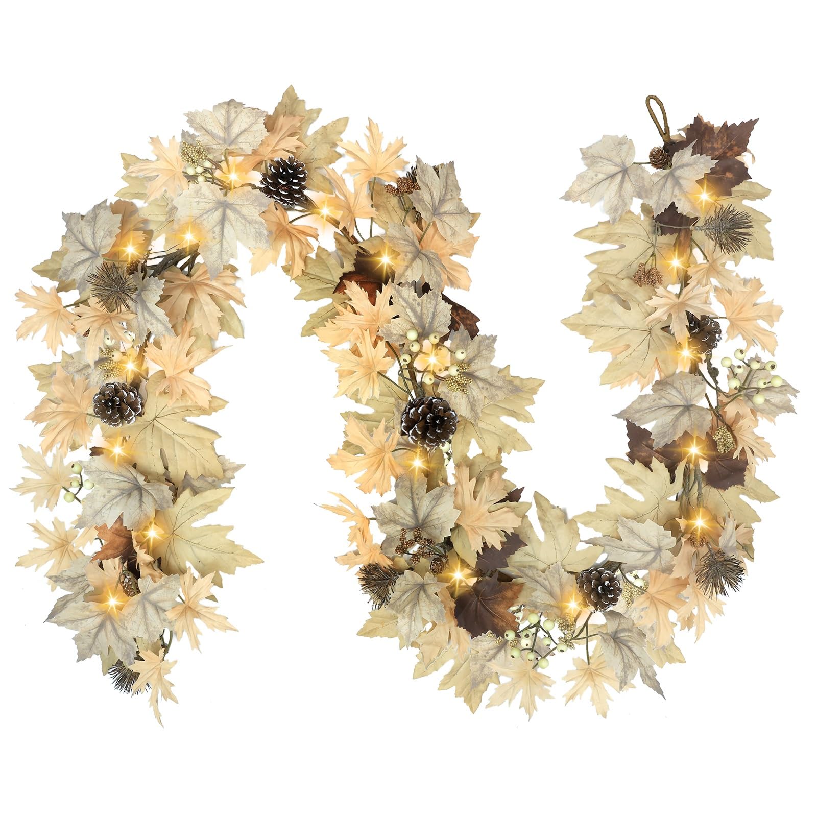 Realistic Fall Garland with Lights, 6 FT Real Touch Feel Fall Leaves Garland with Berries Pine Cones, Fall Decorations for Home 