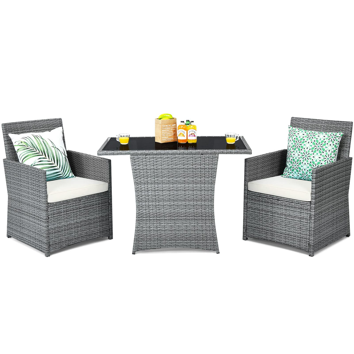 Tangkula 3 Pieces Patio Dining Set, Patiojoy Space-Saving Pe Rattan Bistro Set With Tempered Glass Top Table And Cushioned Chairs, Outdoor Conversation Set For Garden, Backyard, Poolside, Porch