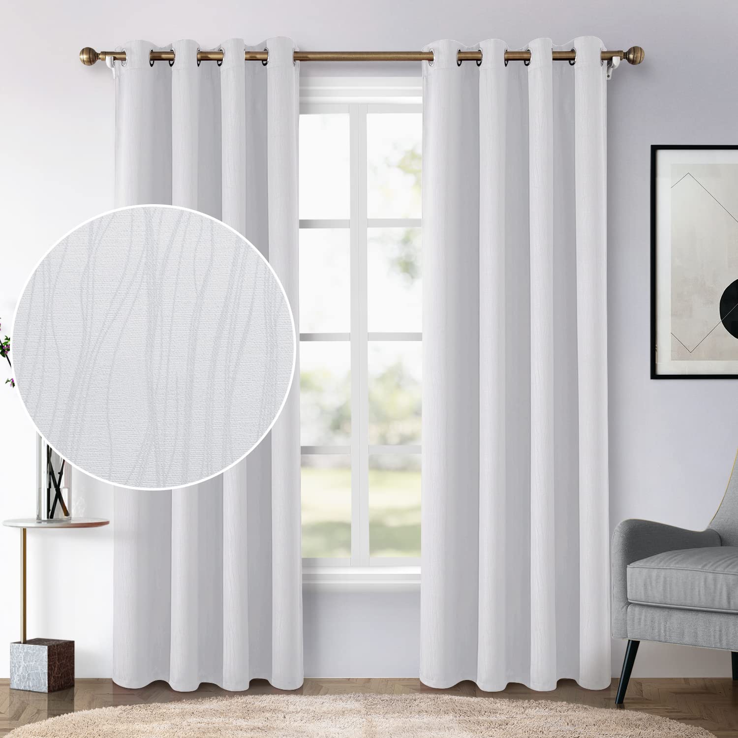 Homeideas Greyish White Blackout Curtains 52 X 84 Inches Long 2 Panels, Wave Line Textured Room Darkening Curtains For Bedroom,