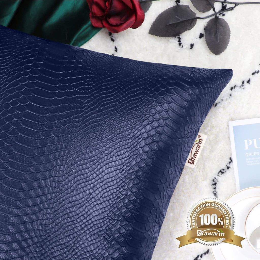 Brawarm Navy Blue Leather Throw Pillows 16 X 16 Inches, Snake Leather Pillow Covers Pack Of 2, Faux Leather Decorative Pillow Co