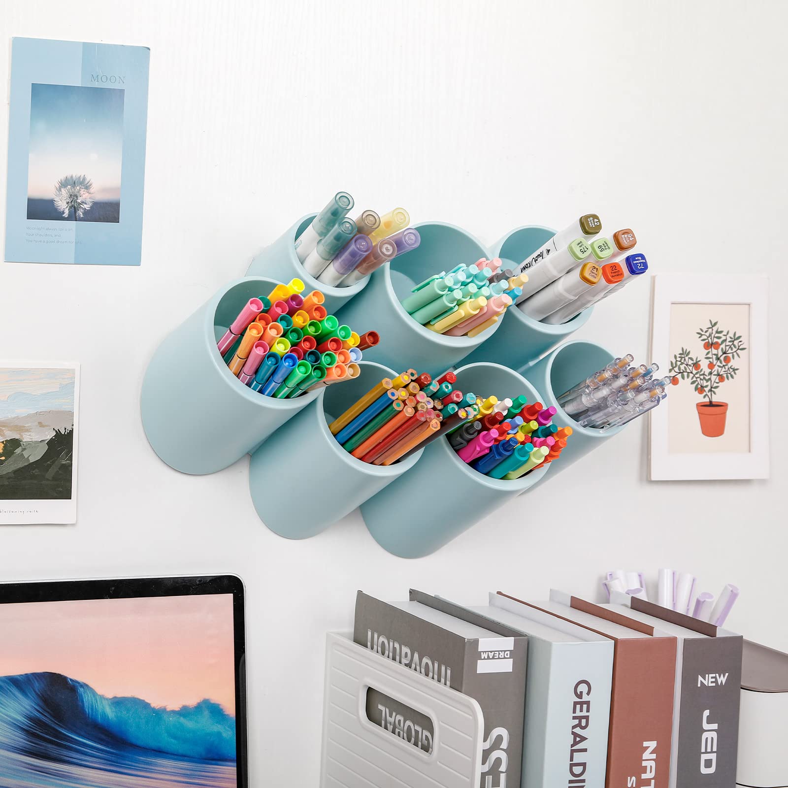 Yesesion Large Pencil Holder For Office, Adhesive Wall-Mounted Pen Cup Set With 7 Compartments, Round Marker Organizer For Schoo