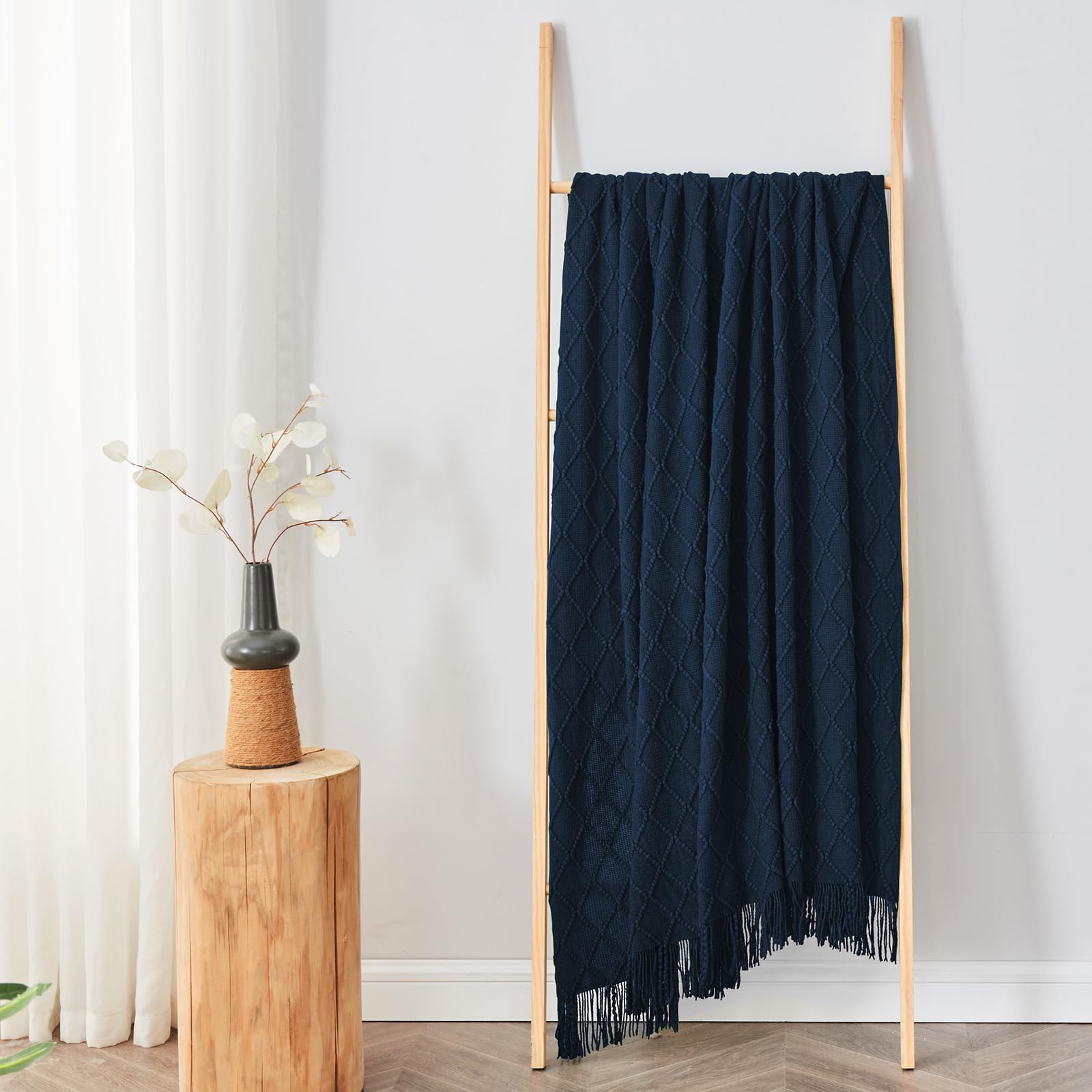 Inhand Knitted Throw Blankets For Couch And Bed, Soft Cozy Knit Blanket With Tassel, Dark Blue Lightweight Decorative Blankets A