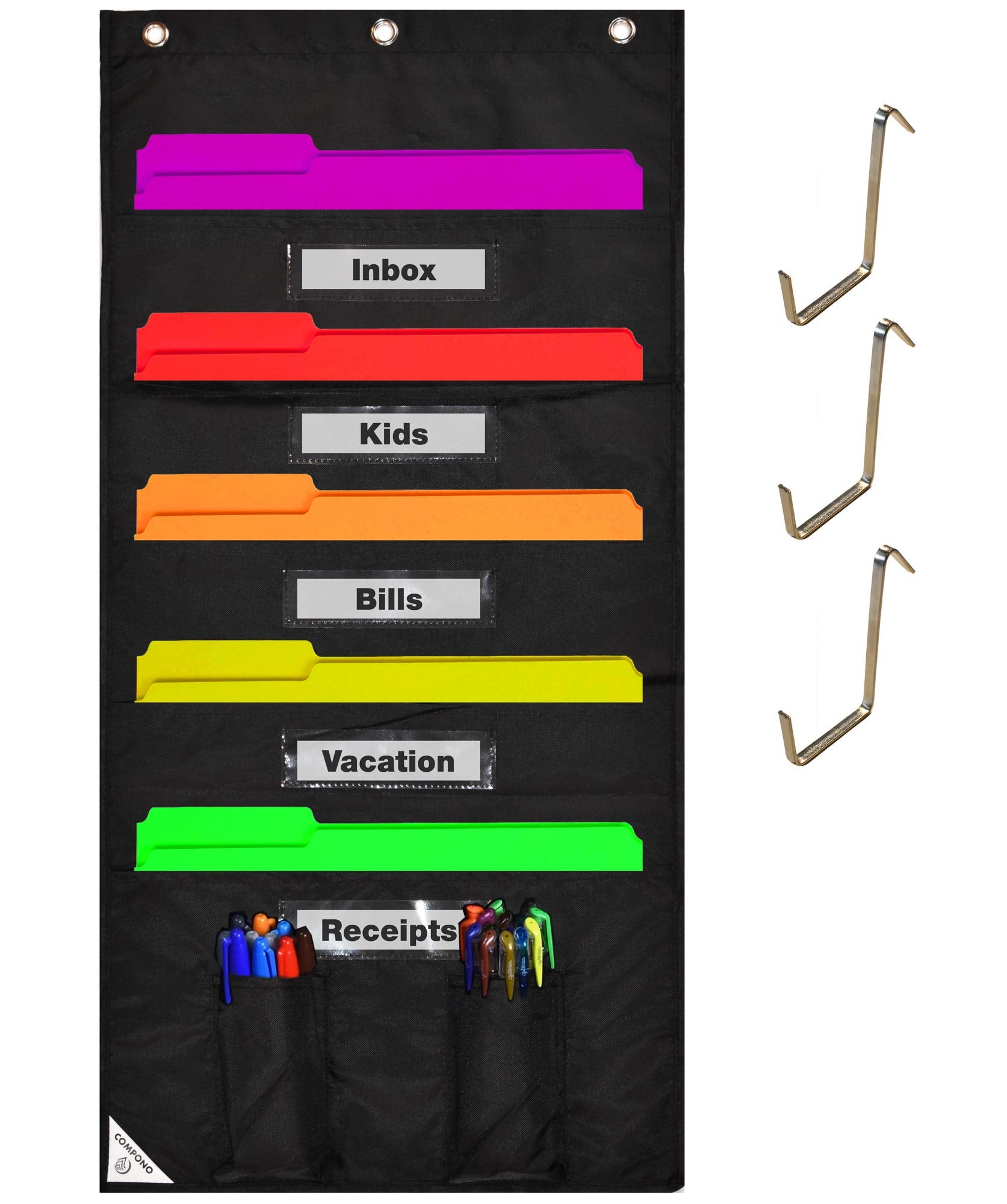 Compono Wall Storage Pocket Charts For Classroom (5 Pocket, Black W/Window) File Organizers - Best Hanging File Pocket Chart For