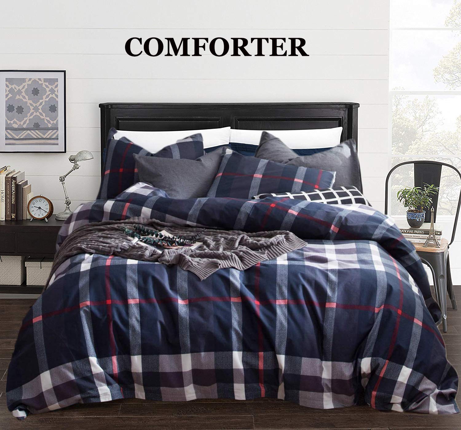 Clothknow Navy Plaid California King Comforter Set Blue Tartan Bedding Comforter Sets Geometric Bed Comforter Cal King Men Women Bedding Blue White Grey Grid Bedding 3Pcs Plaid Comforter Sets Cal King