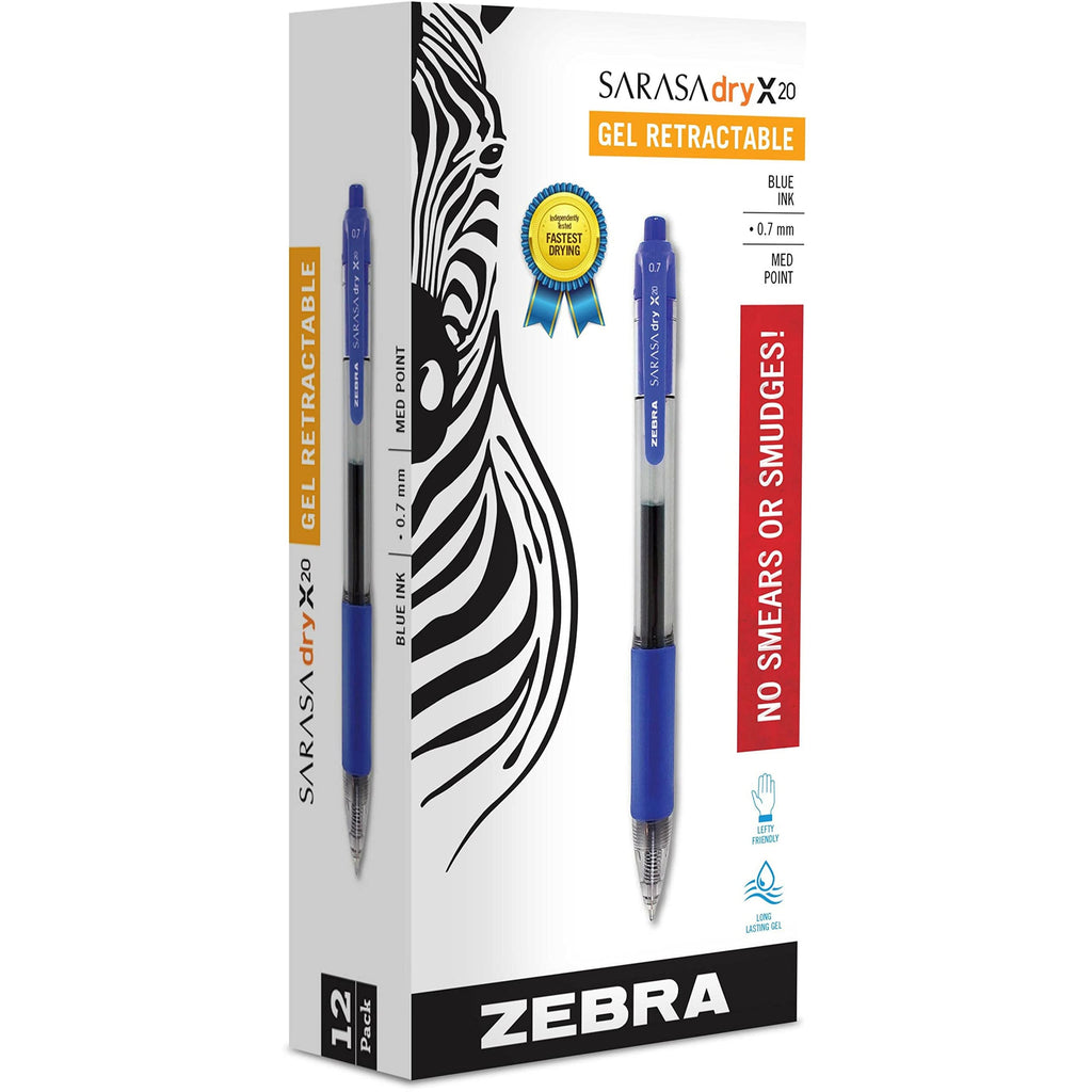 Zebra Pen Sarasa Dry X20 Retractable Gel Pen, Medium Point, 0.7Mm, Blue Ink, 12-Pack
