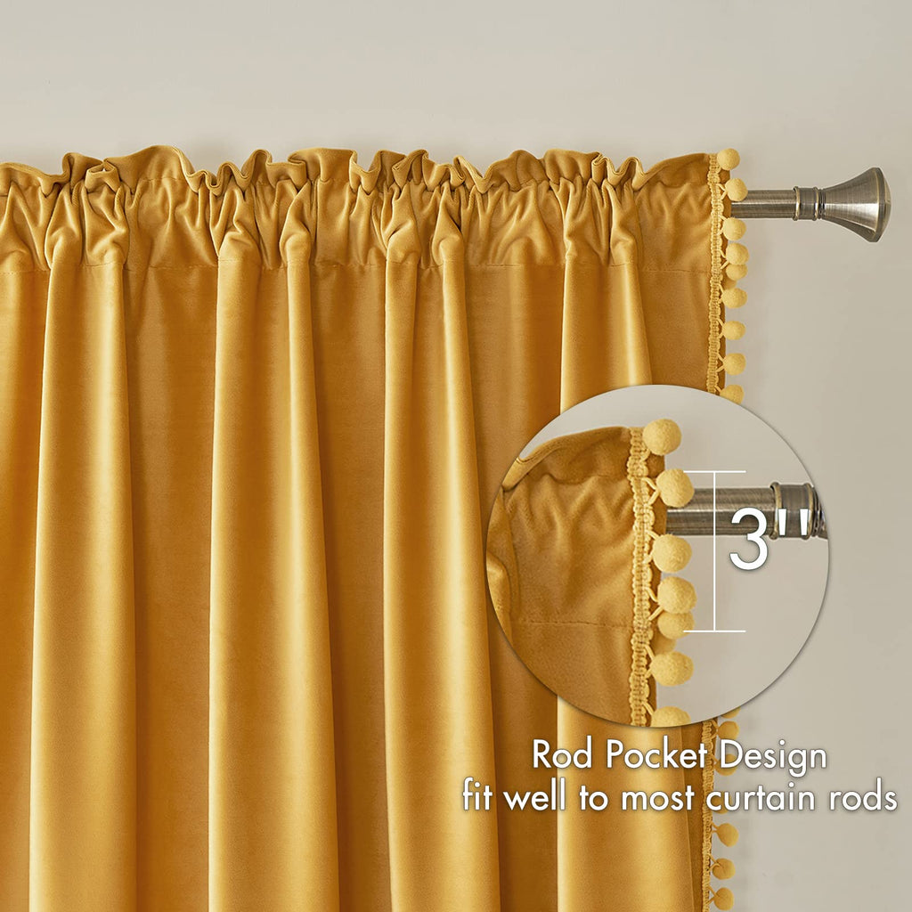 Miulee Mustard Yellow Pom Pom Velvet Curtains For Bedroom/Living Room Darkening Fall Thermal Insulating 63 Inches Long Blackout