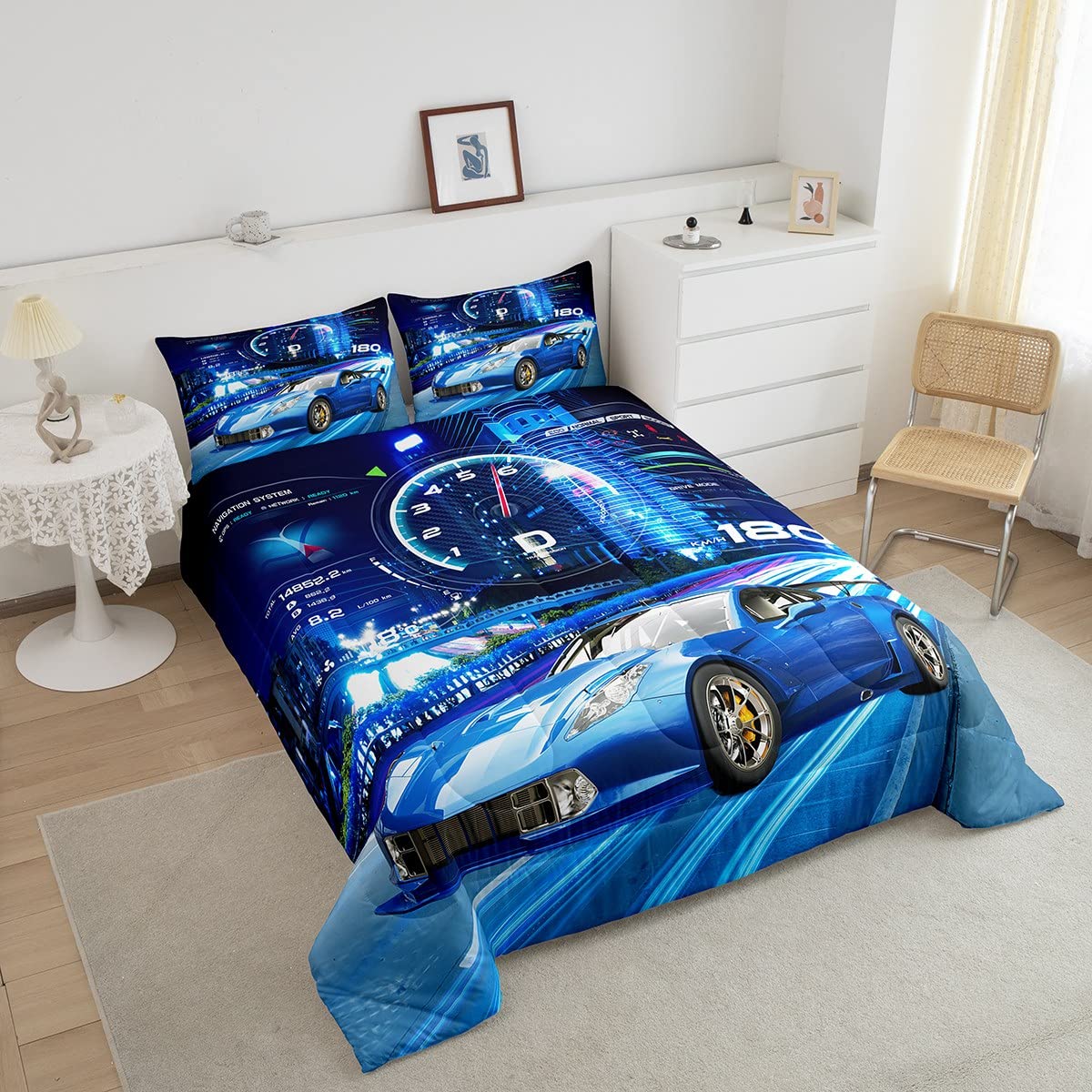 Feelyou Boys Race Car Down Duvet Cool Sports Car Comforter Set For Kids Boys Girls Extreme Sports Bedding Set Blue Automobile Ca
