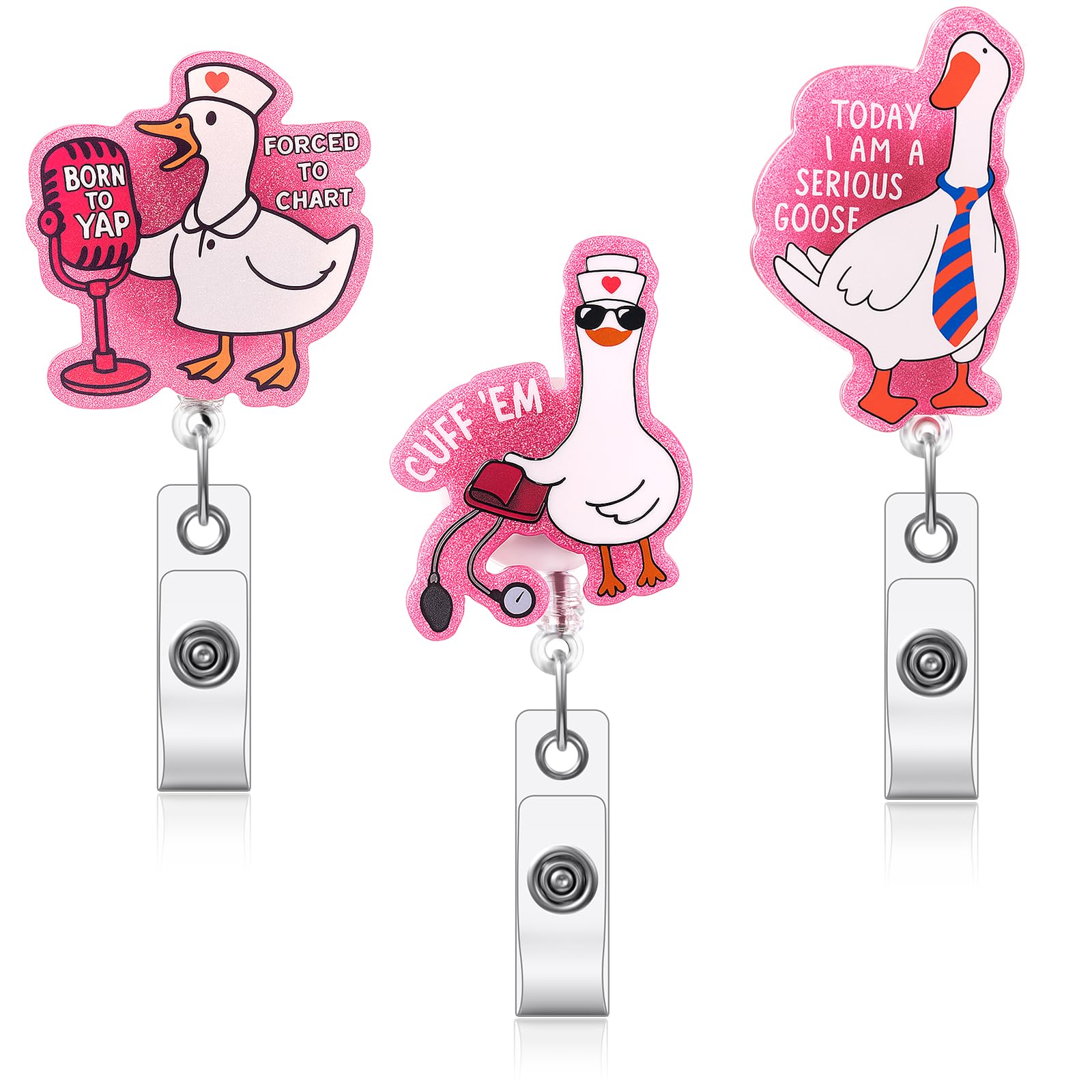 Vicenpal 3 Pcs Funny Goose Badge Reel Cute Pink Retractable Clip Holder with Clip Durable Nylon Cord Gift for Nurse Office Worke