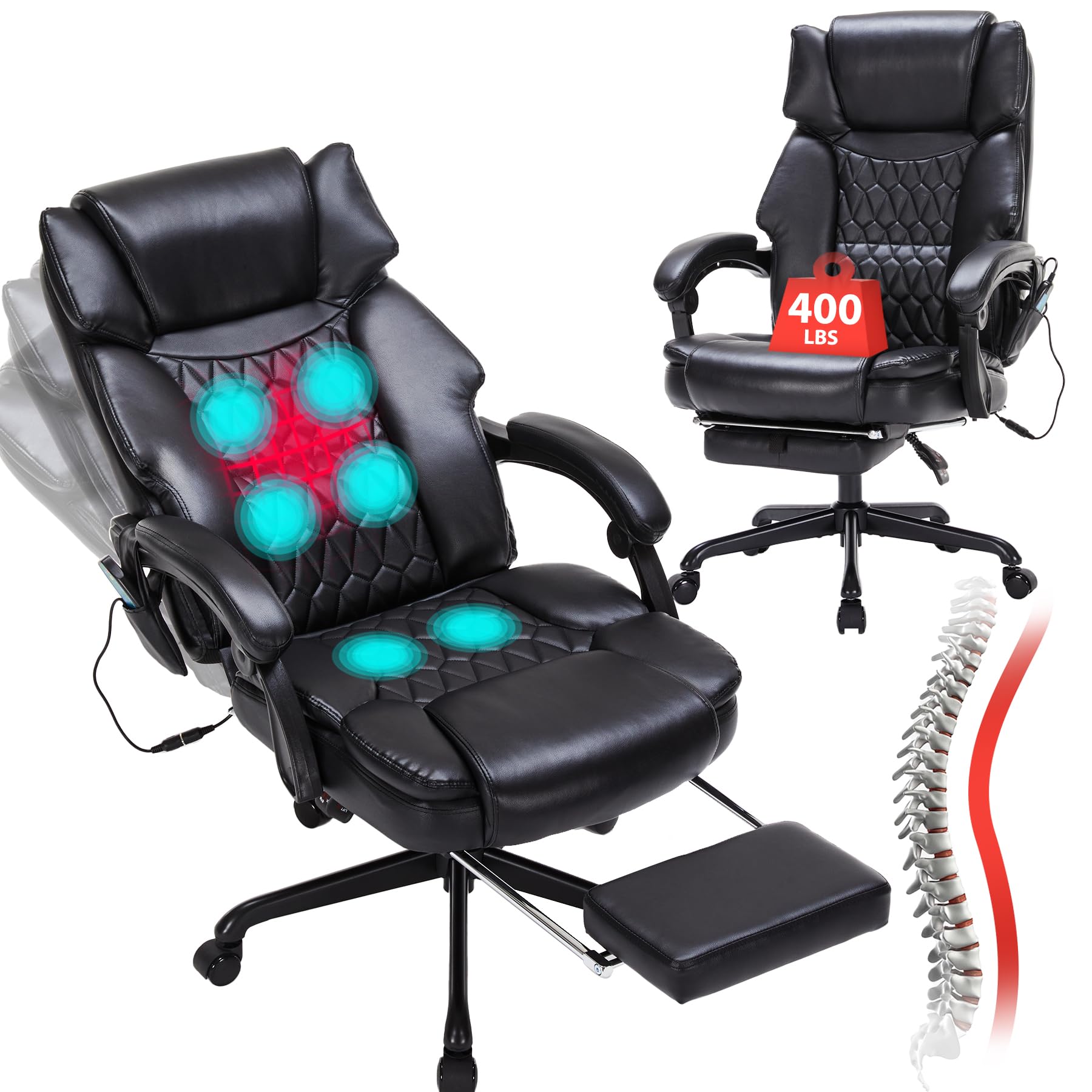 Massage Office Chair with Foot Rest 6 Points Vibration and Heat Home Office Desk Chairs for Heavy People 400lbs Reclining Manage