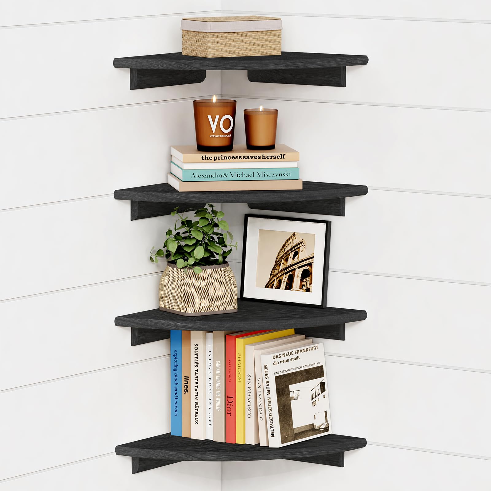 Forbena Black Floating Corner Bookshelf For Wall Set Of 4, Large Corner Plant Shelves For Living Room, Rustic Rounded Corner Bookshelves Wall Mounted For Bedroom Books, Kitchen, Closet, Office