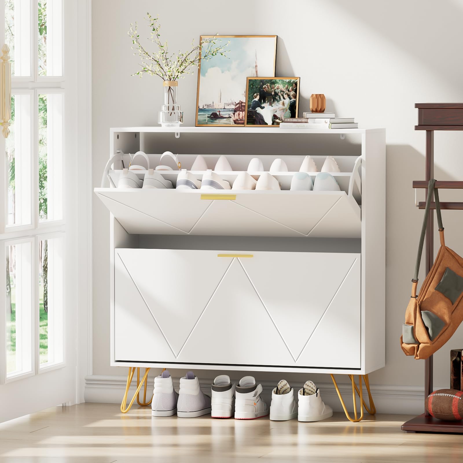 JOZZBY Shoe Cabinet for Entryway, White Narrow Shoe Storage Cabinet with 2 Flip Drawers, Wooden Hidden Freestanding Shoe Rack Or