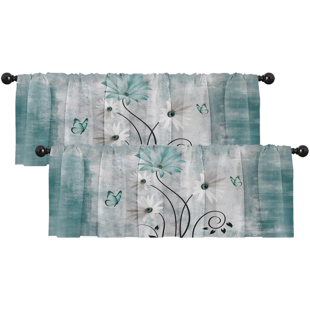 Emvency 2 Pack Valances Window Treatments, Farmhouse Green Daisy Flowers Butterfly Blackout Drapes Adjustable Curtain Valances f