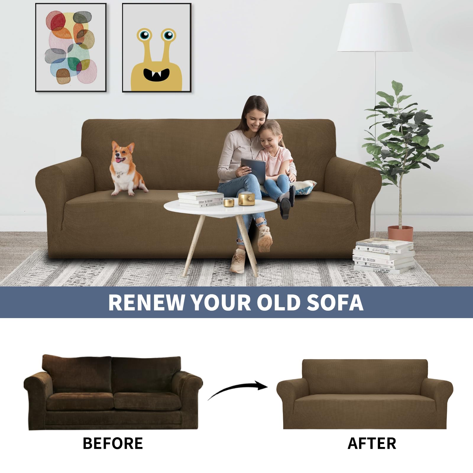 Jiviner High Stretch 1-Piece Jacquard Small Checks Couch Covers For 2 Cushion Couch Anti Slip Love Seat Sofa Covers Loveseat Slipcovers Protector For Kids Pets (Loveseat, Brown)